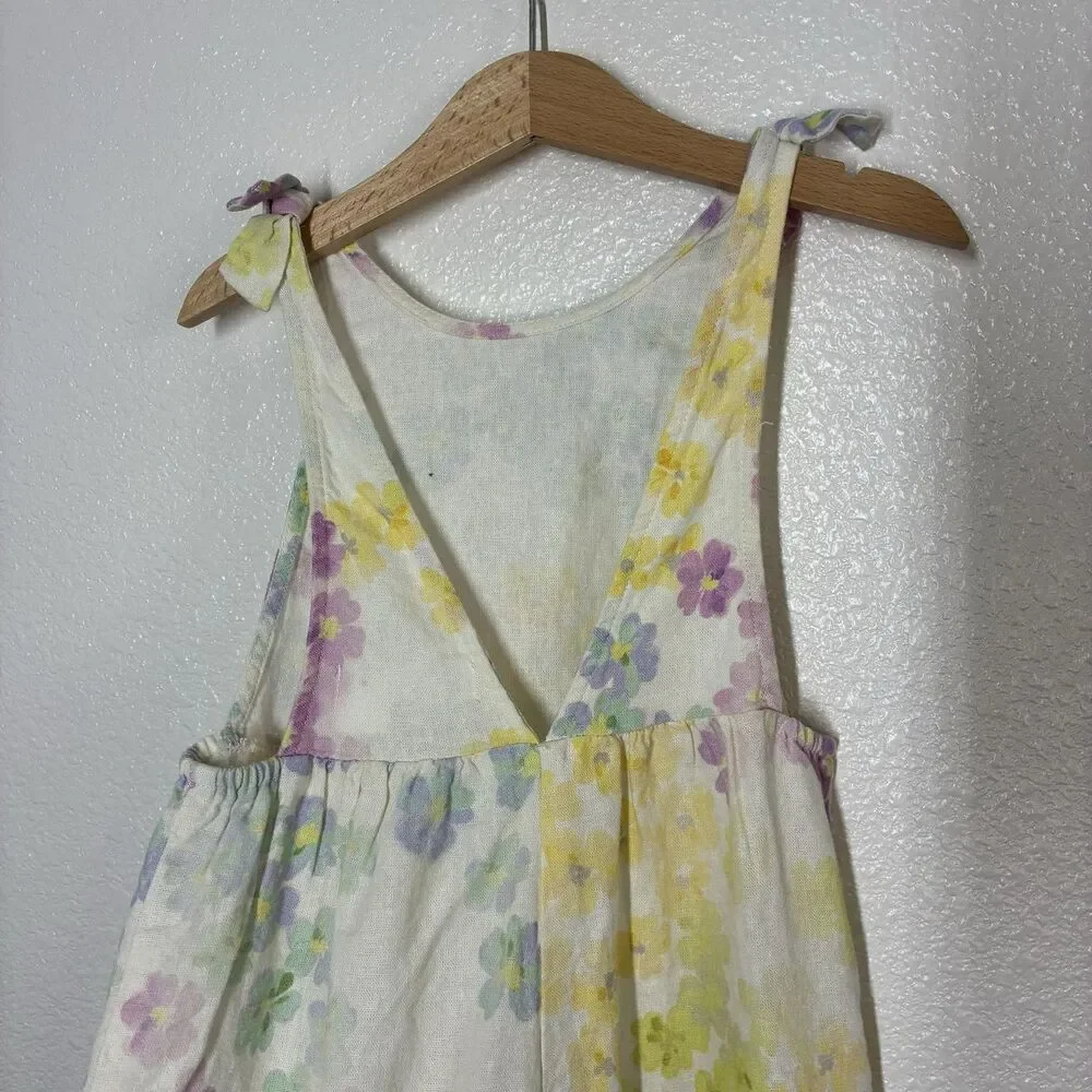 Zara Spain Jumpsuit Girls 5 Yellow Floral Linen Blend Tie Strap Summer One Piece